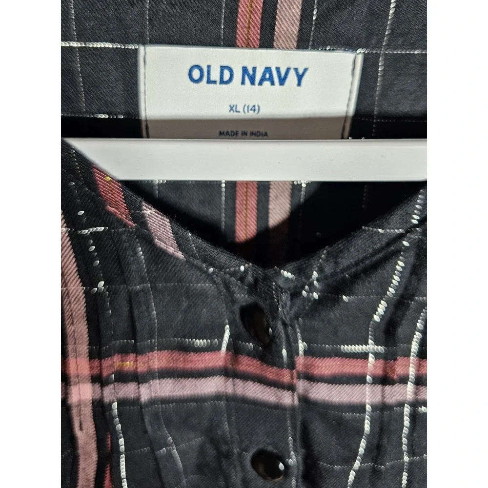 Old Navy Top Girls Size XL 14 Black Plaid Metallic Ruffle Peplum Hem Lightweight